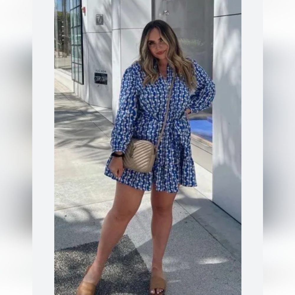 Zara The Paula Blue and White Geometric Design Dress Size XXL Belted